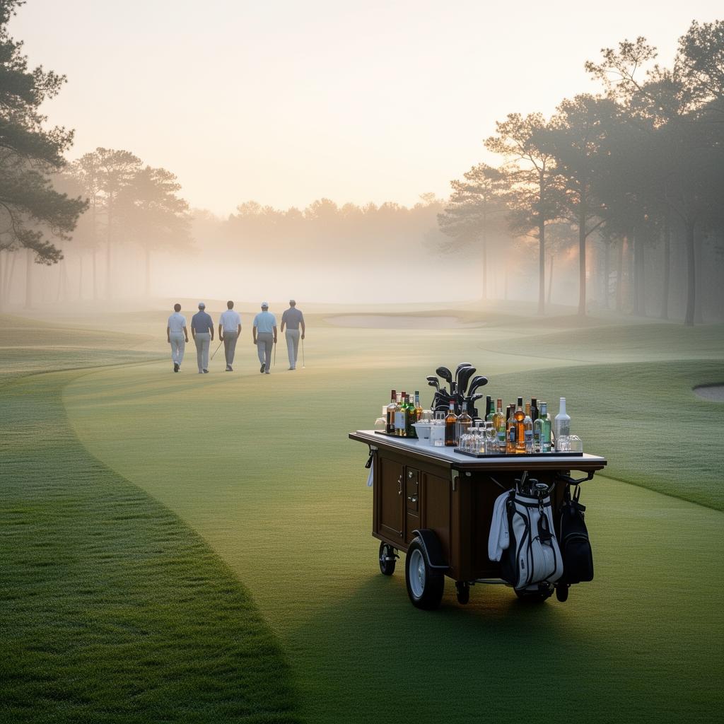 Beverage cart on a misty fairway at sunrise with foursome walking ahead