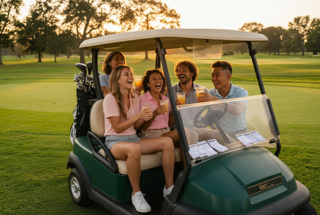 Group of friends laughing in a golf cart with drinks