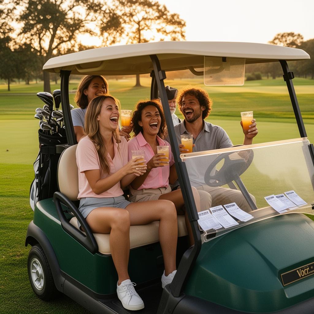 Group of friends laughing in a golf cart with drinks