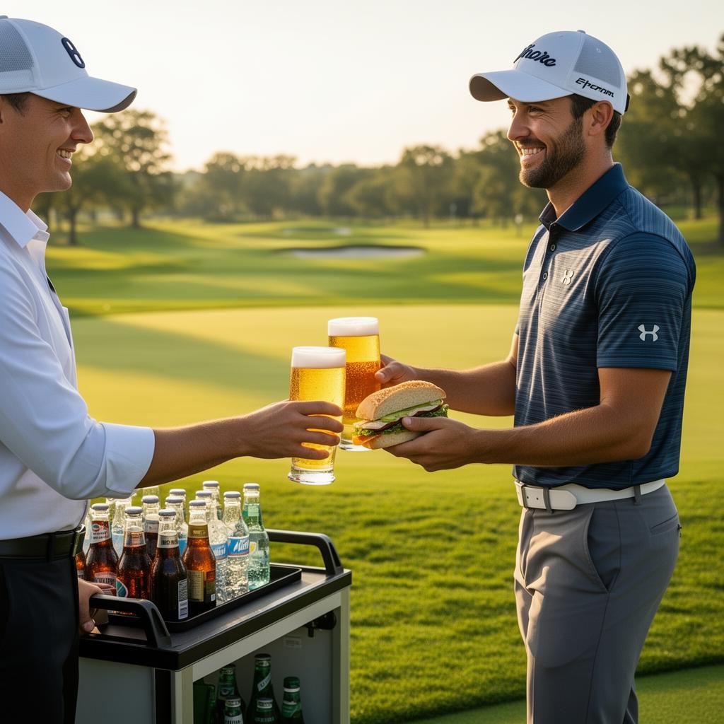 Cart attendant handing a beer and sandwich to a smiling golfer