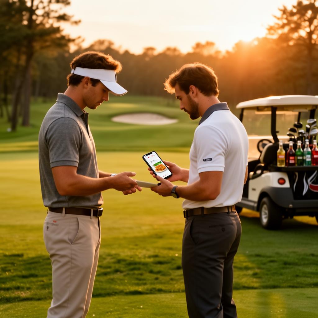 Two golfers checking phone with food order on the fairway at golden hour