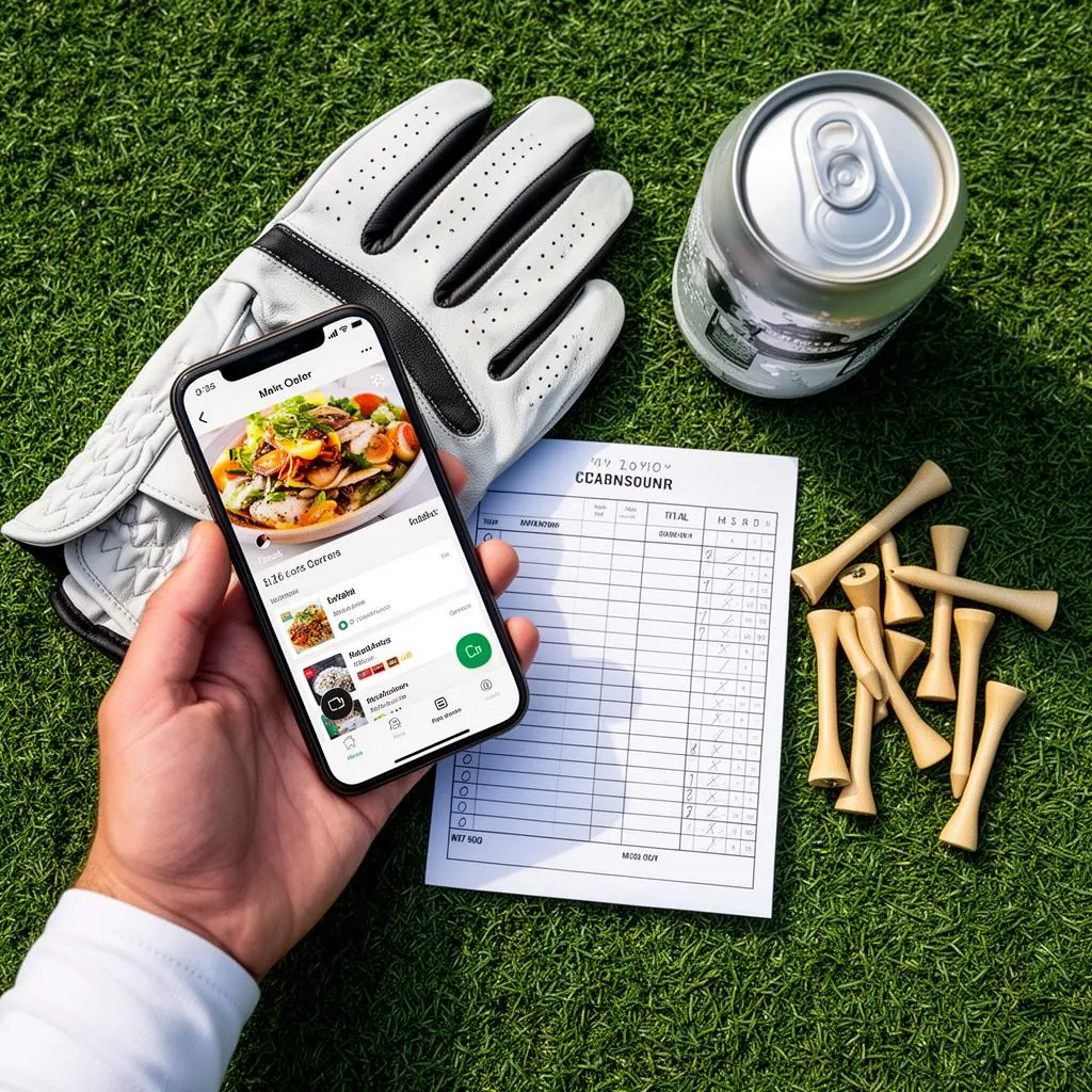 Overhead of phone with order screen, golf glove, scorecard and drink